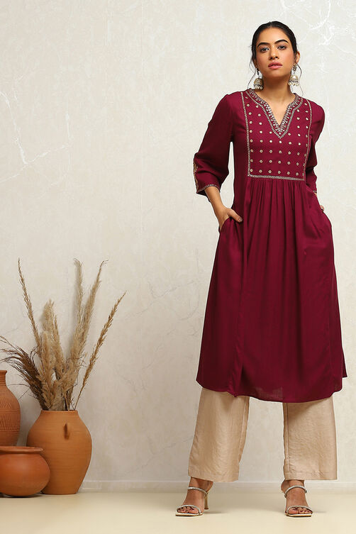 Wine Yoke Design Festive A-Line Kurta image number 0