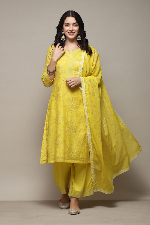 Lime Yellow Cotton Silk Straight Kurta Palazzo Suit Set image number 0