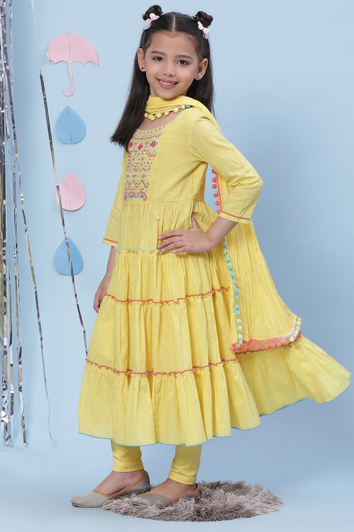 Yellow Lycra Anarkali Kurta Churidar Suit Set image number 0
