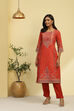 Pink Chanderi Printed Straight Kurta image number 2