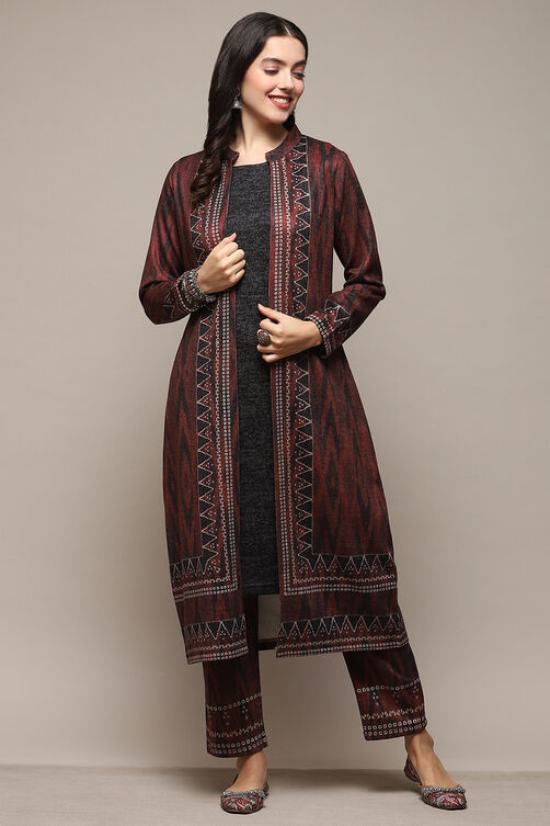 Black Polyester Straight Printed Kurta Pant Suit Set image number 0