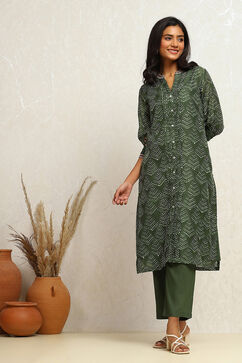 Green Chanderi Printed Straight Kurta Set image number 0