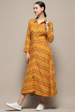 Orange Chevron Block Printed Shirt-Style A-line Dress image number 0