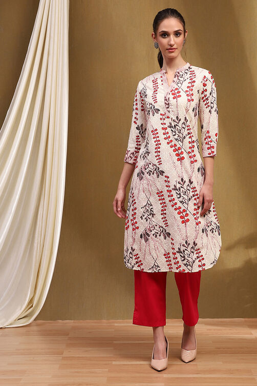 White & Red Cotton Printed Straight Kurta image number 5