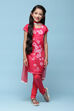 Pink Polyester Straight Printed Kurta Churidar Suit Set