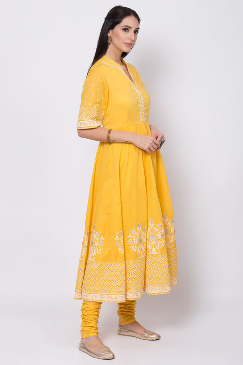 Yellow Cotton Anarkali Kurta Churidar Suit Set image number 3