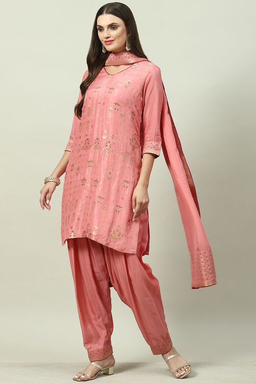Pink LIVA Blend Straight Kurta Salwar Suit Set image number 5