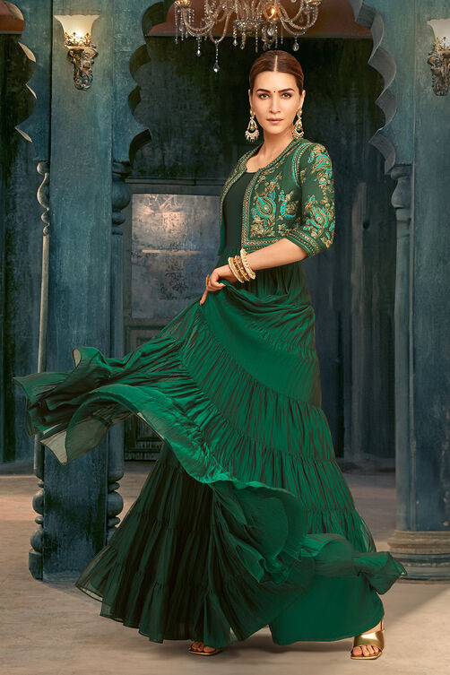 Emerald Green Silk Festive Tiered Anarkali Dress image number 0