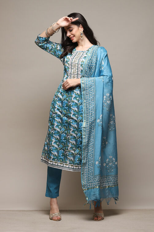 Blue Silk Blend Printed Unstitched Suit Set image number 1