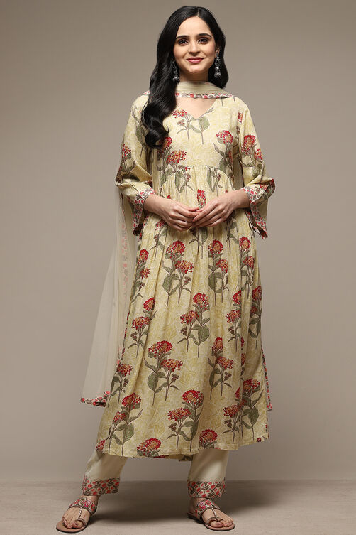 Beige Rayon Straight Kurta Pants Suit Set image number 0