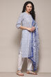 White Blue Cotton Straight Suit Set image number 6