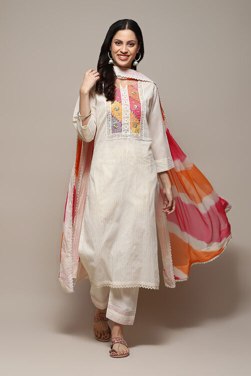 Off White Cotton Schiffly Unstitched Suit Set image number 1