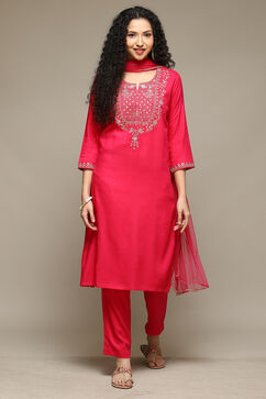 Fuchsia Rayon Straight Kurta Pants Suit Set image number 7