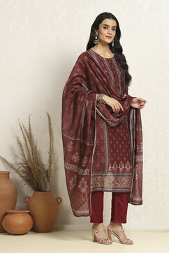 Maroon Chanderi Machine Embroidered Unstitched Suit Set image number 6