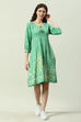 Green LIVA Flared Printed Dress