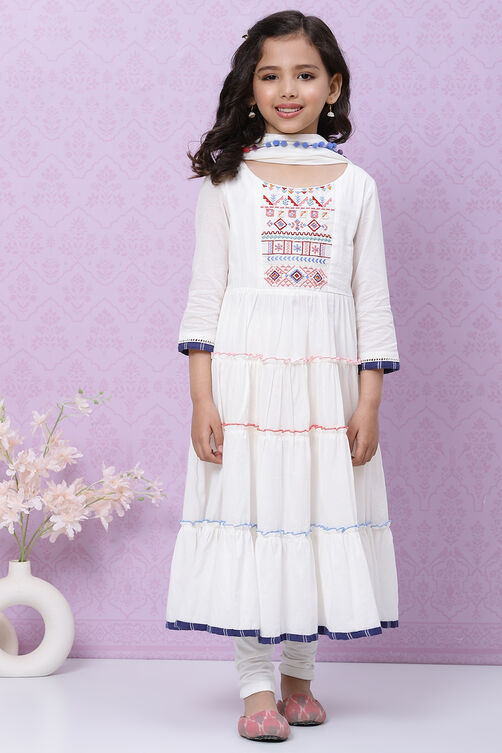 Off White Cotton Tiered Kurta Churidar Suit Set image number 0