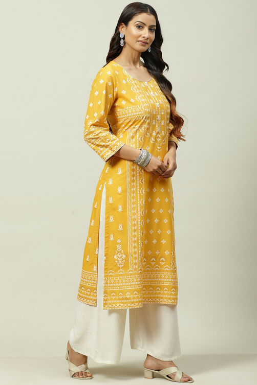 Mustard Cotton Straight Kurta image number 3