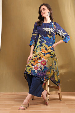 Midnight Blue Modal Floral Asymmetric Kurta Set image number 0