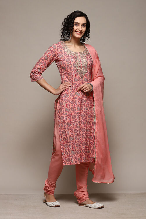Pink Cotton Handloom Unstitched Suit Set image number 7