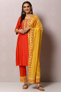 Coral Red And Yellow Cotton Viscose Straight Suit Set image number 7
