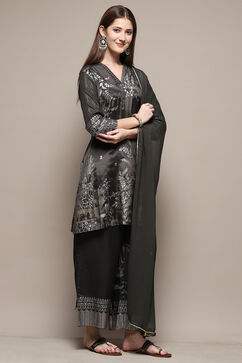 Charcoal Art Silk Straight Kurta Palazzo Suit Set image number 6