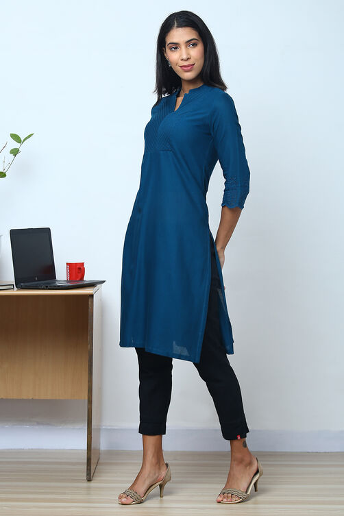 Teal Cotton Flax Kurta image number 2