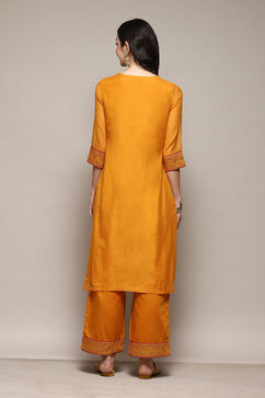 Mustard Cotton Blend Straight Yarndyed Kurta Palazzo Suit Set image number 4