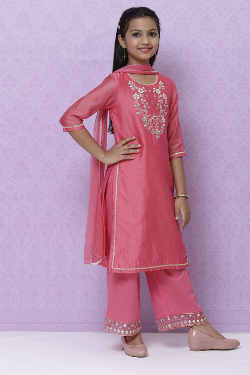 Pink Poly Cotton Girls Straight  Kurta Palazzo Suit Set image number 6