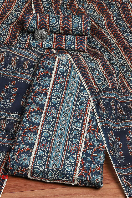 Blue Cotton Floral Printed Unstitched Suit Set image number 0