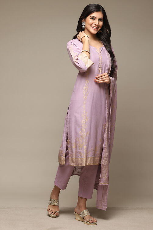 Lavender Cotton Straight Kurta Pants Suit Set image number 6