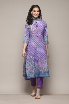 Lavendar Cotton Straight Printed Kurta Slim Pant Suit Set image number 0