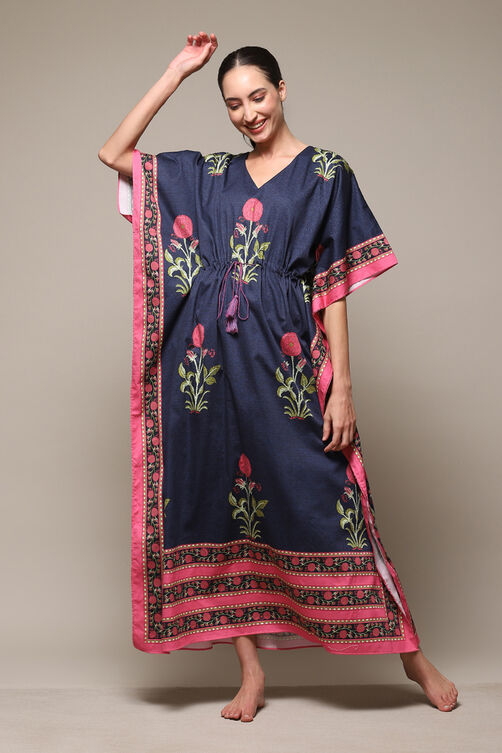 Indigo Pink Cotton Printed Kaftan image number 0