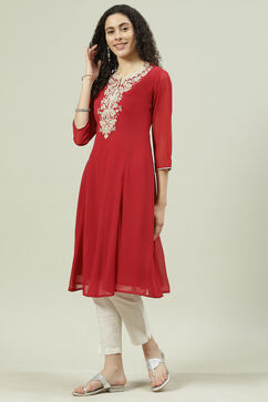 Red Poly Cotton A-Line Kurta image number 2