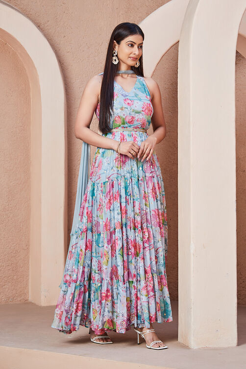 Pink Floral Printed Tiered Anarkali Kurta image number 4