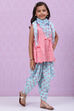 Pink Blue Cotton Flared Kurta Dhoti Salwar Suit Set image number 6
