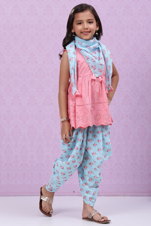 Pink Blue Cotton Flared Kurta Dhoti Salwar Suit Set image number 6