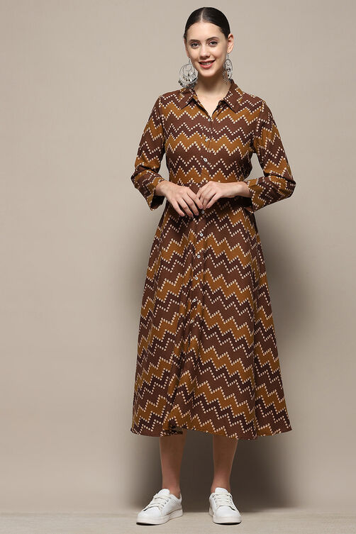 Brown Chevron Block Printed Shirt-Style A-line Dress image number 5