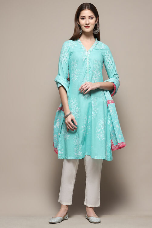 Turquoise Cotton Straight Kurta Palazzo Suit Set image number 7