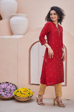 Red Yard-dyed Festive Straight Kurta image number 3