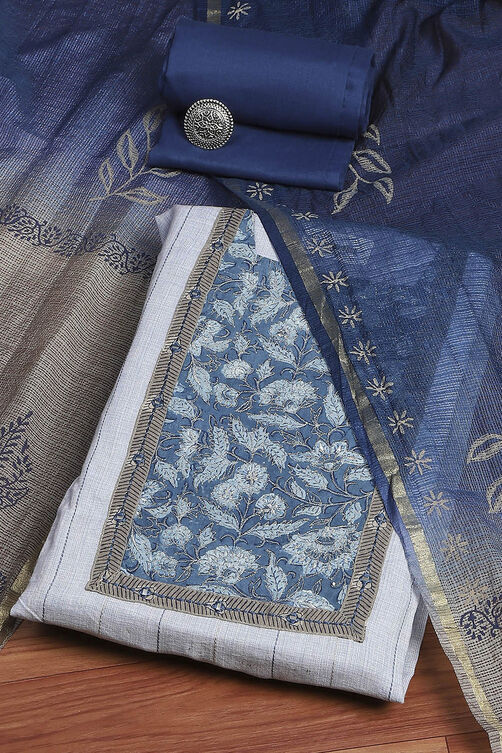 Dark Blue Flex Cotton Handloom Unstitched Suit Set image number 0