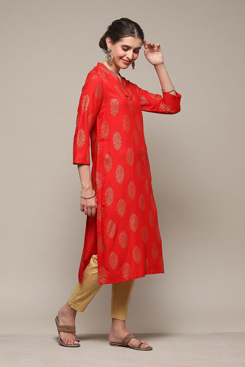 Red LIVA Straight Printed Kurta image number 3