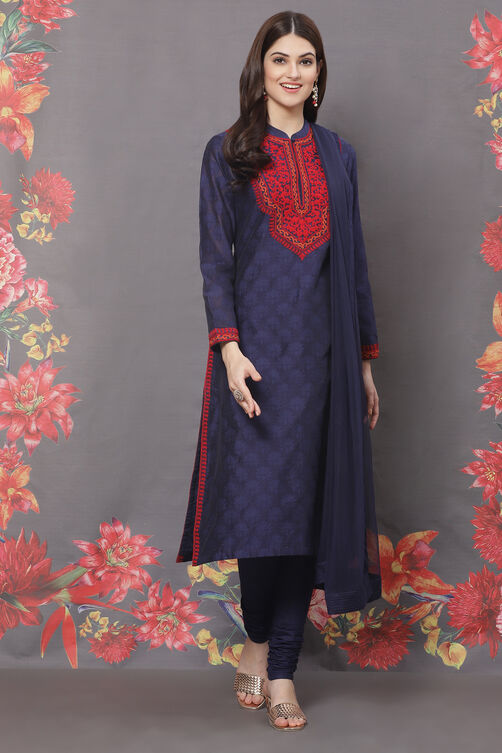 Rohit Bal Blue Silk Straight Embroidered Suit Set Kurta, Churidar ...