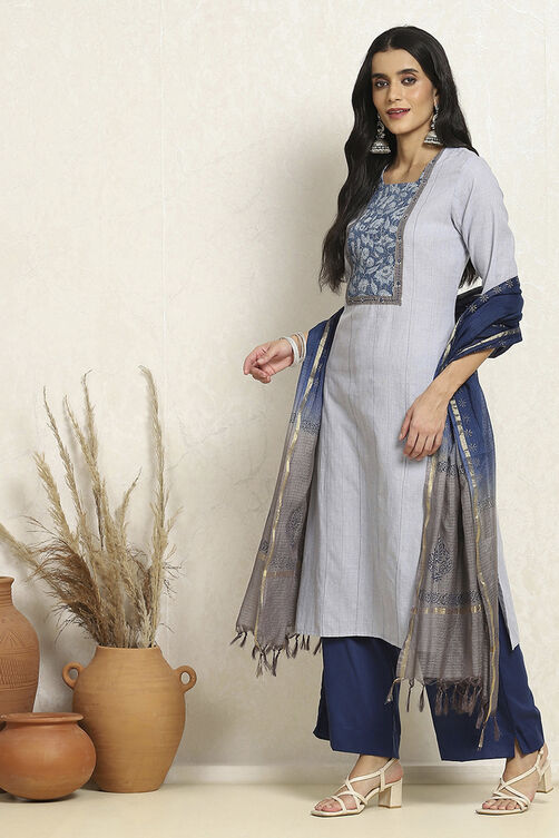 Dark Blue Flex Cotton Handloom Unstitched Suit Set image number 4