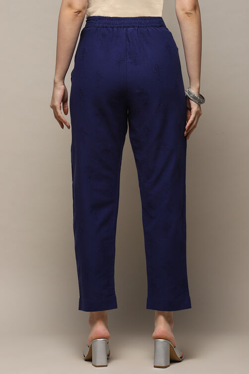 Indigo Blue Cotton Slim Embroidered Pants image number 5