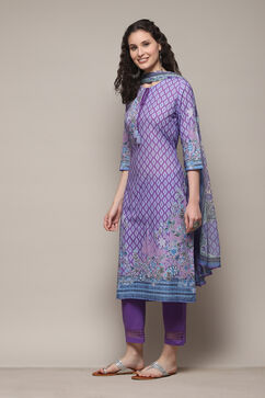 Lavendar Cotton Straight Printed Kurta Slim Pant Suit Set image number 6