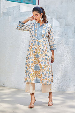 Off-white & Blue Cotton Floral Straight Kurta image number 1