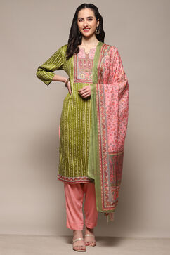 Green and Pink Cotton Blend Unstitched Suit Set image number 7