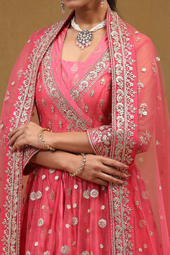 Pink Floral Butterfly Net Festive Anarkali Lehenga Set image number 2