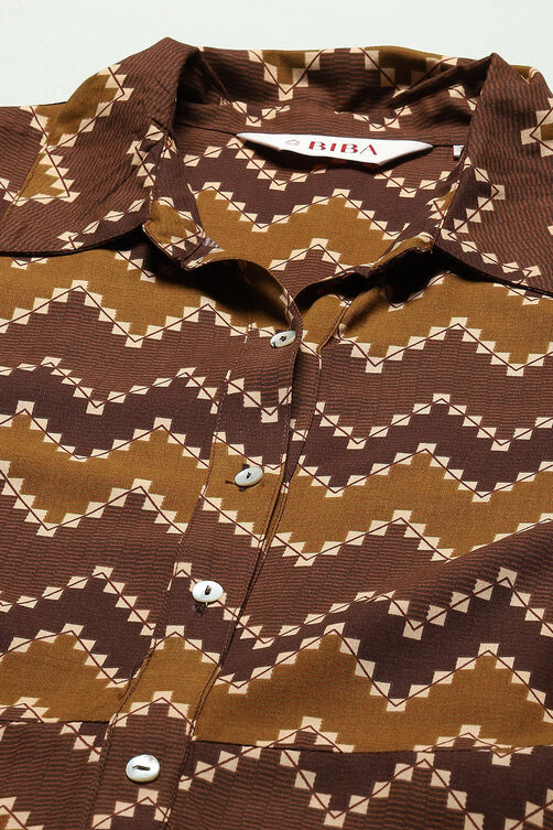 Brown Chevron Block Printed Shirt-Style A-line Dress image number 1