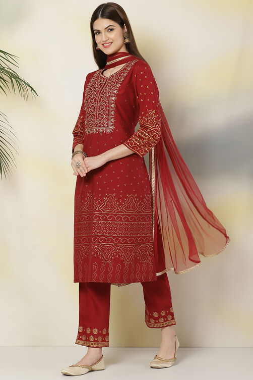 Maroon Art Silk Straight Kurta Pants Suit Set image number 3